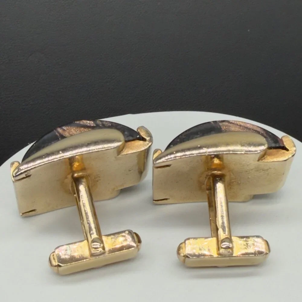 Vintage Gold Tone Black Bronze Swirl Glass Cufflinks Metallic Accents